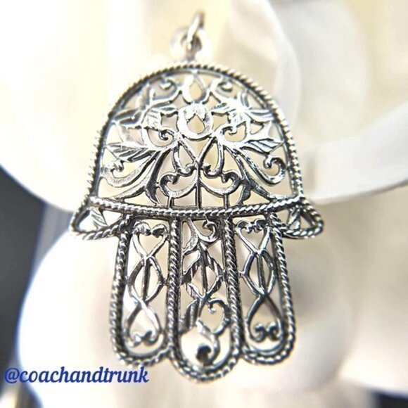 925 Sterling Chain & Pendant Hamsa Evil Eye Handcrafted Filigree Metalwork NWT - Picture 3 of 9